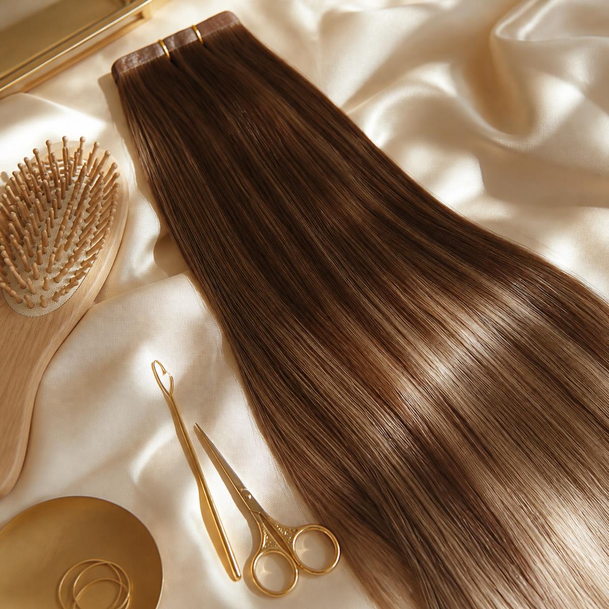 Keratine hairextensions op crème zijde met gouden gereedschap